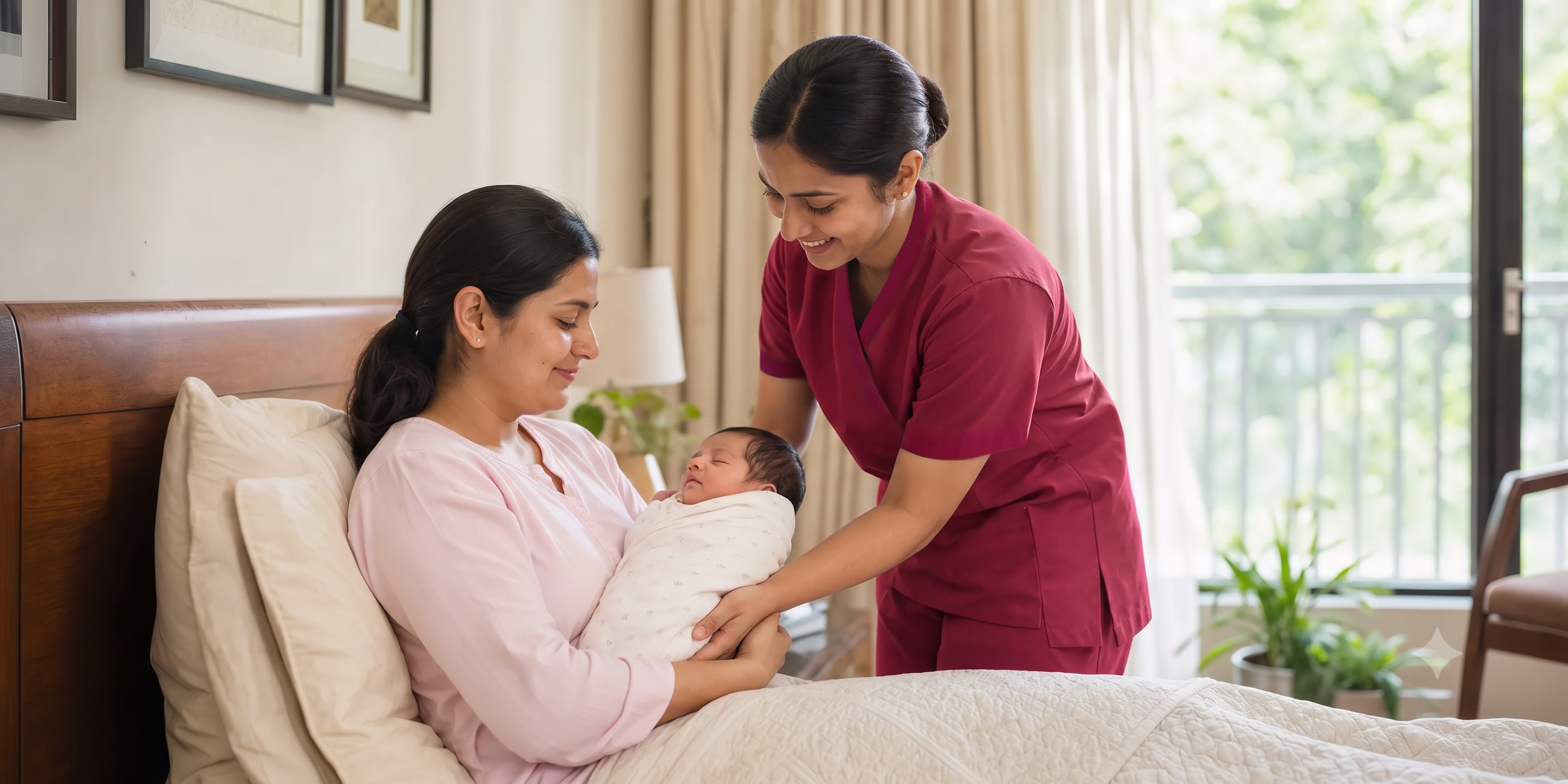 A mother holding her newborn baby in a luxury sunlit home setting