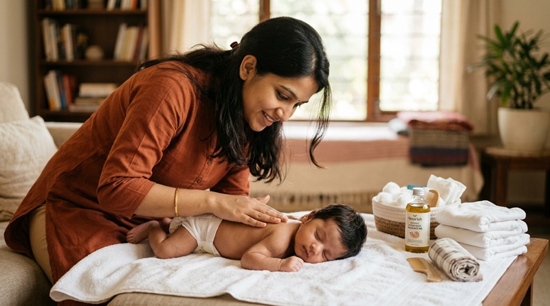 A postpartum therapist consulting with a mother in a luxury home
